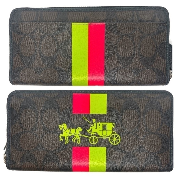 Coach Heritage Neon Striped Leather Rare Signature C Mahogany Wallet - Picture 1 of 11